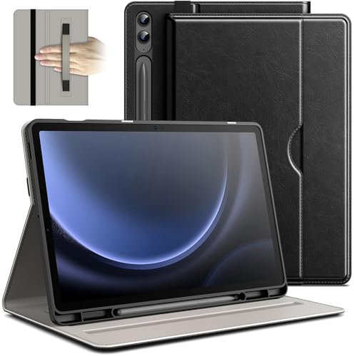 JETech Hülle für Samsung Galaxy Tab S9 FE+ / S9 FE Plus 12,4 Zoll mit S Pen Halter, PU-Leder Geschäft Folio Ständer Tablet Schutzhülle mit Tasche & Riemen, Multi-Winkel Betrachtung (Schwarz)