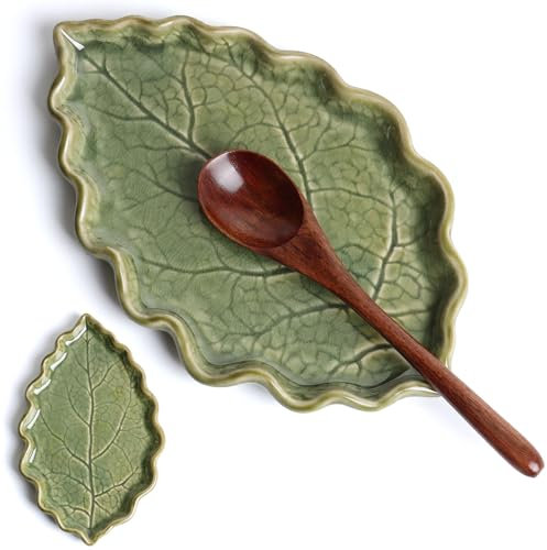 Anoonse Ceramic Spoon Rest for Stove Top - Cute Green Leaf Shaped Spoon Rest/Spoon Holder for Kitchen Countertop - Cooking Kitchen Spoon Rest Utensil Rest Spatula Rest (Green)