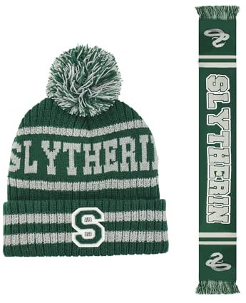 Concept One Unisex-Erwachsene Harry Potter Schal Set, Hogwarts Collegiate Winter Strickmütze mit Manschette und Bommel Beanie-Mütze, Slytherin, Einheitsgröße
