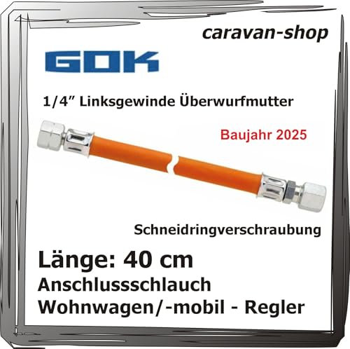 GOK Gasschlauch 40 cm Winterfest für Caravan/Wohnmobil, Gummi mit Textileinlage, kältebeständig bis -30 °C, 6,3 x 3,5 mm, G 1/4 LH-ÜM x RVS 8, 40 cm, 1 Stück