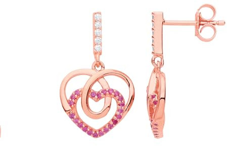 Jewelco London Ladies Rose Gold-Plated Sterling Silver Red CZ Loopy Corkscrew Love Heart Drop Earrings