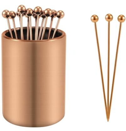 Metal Cocktail Picks Holder Set, 12 Cocktail Toothpicks Reusable Stainless Steel Skewers Decorative Sticks for Appetizers for Sandwiches, BBQ Snacks, Cocktails, Drinks (Rose Gold)