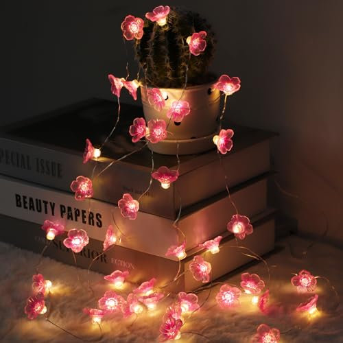 Auting Ghirlanda di luci a LED con fiori di ciliegio, 4 m, 40 LED, ghirlanda di fiori a batteria, con funzione timer, ghirlanda di fiori rosa con ghirlanda di fiori per interni e matrimoni