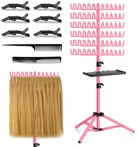 OLMRJKD Braiding Hair Rack with Tray, 144 Pegs Height Adjustable Braiding Rack, 2-side Hair Extension Holder Hanger, Hair Stand with Stylist Hair Braiding Tools for Hair Salon Home Traveling (Pink)
