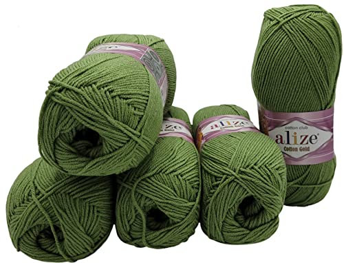 500g Strickwolle Ilkadim Export Cotton gold einfarbig, 5 x 100g Strickgarn mit 55% Baumwolle, uni (grün 485)