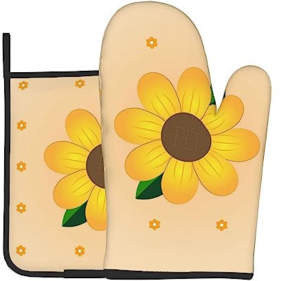 YYHWHJDE Set di 2 guanti da forno con motivo girasole dorato e presine, utilizzati per aprire i coperchi delle pentole in cucina e per trasportare piatti dai forni a microonde