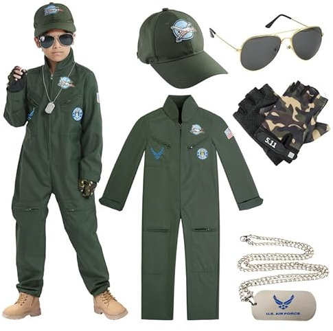 ZORUIS Pilot Costume for Children, Top Air Force Aircraft Cosplay Costume with Cap, Glasses, Gloves, Pendant for Halloween Party for kids 4 to 6