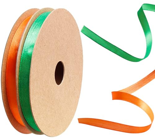 2 Rolls Ribbon Green & Orange 10mm x 22M Satin Ribbon Thick Durable Ribbon for Gift Wrapping, Wedding, Crafts,Easter, Flower Bouquet, Hair, Christmas Decorations and More