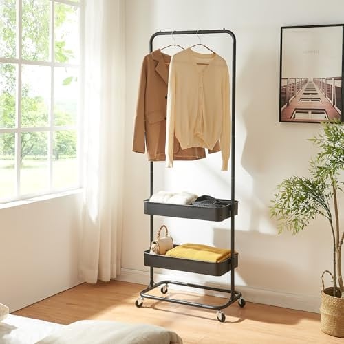 [en.casa] Garderobenständer Kumad 175 x 58 x 36 cm Rollgarderobe 2 Rollen mit Bremse Kleiderständer auf Rollen Garderobe Garderobenstange 2 Gitterkörbe Jackenständer Metall Kleiderstange Schwarz