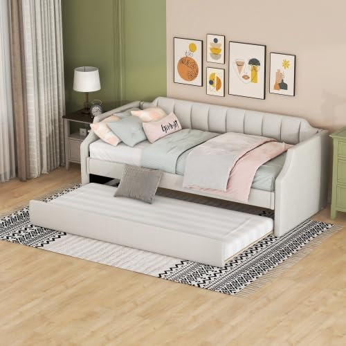 Day-Betten 90 X 200(190) cm Gepolstertes Einzeltagesbett Mit Rollbett Schlafsofa Für Erwachsene Jugendliche Einzelbett Tagesbett Gästebett Ohne Matratze Beige