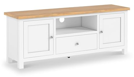 RoselandFurniture Farro XL White 150cm Large TV Unit for Living Room | Wooden Media Cabinet with Drawer, Suitable for 65 Inch Screen, Matte Painted Body with Oak Top, Contemporary Style