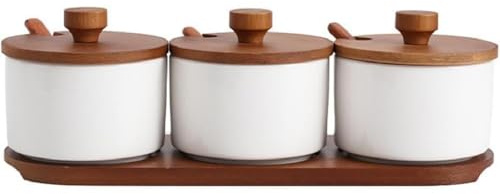 MAGICVOGEL Lot de 3 pots à épices avec couvercle, cuillère et plateau de service en porcelaine pour cuisine, table à manger, café, restaurant, buffet, fête (blanc)
