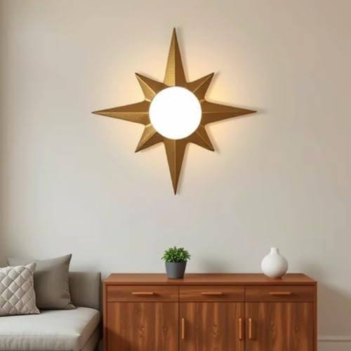 LOGT E27 Wandlampe Sonne Design Wandleuchte Innen Gold Dekoration Wandbeleuchtung Moderne Metall Art Deco Sonnelampe Indoor Kugel Nachttischlampe für Wohnzimmer Schlafzimmer Flur