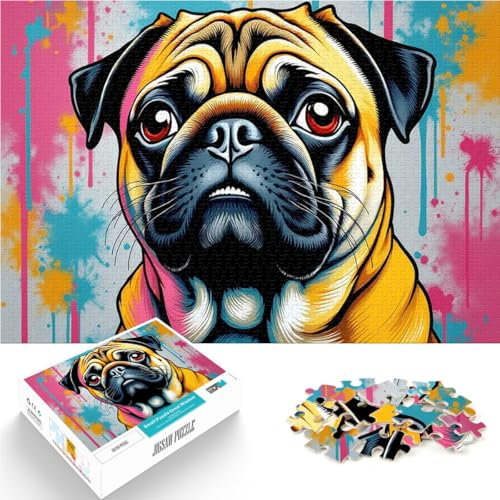 Puzzle 1000 Teile für Teenager Lernspiele Mops-Porträt-Farbexplosion mit Farbtropfen einzigartiges Herausforderungsspiel38x26cm