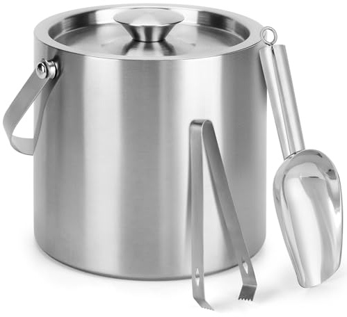 3L Ice Bucket with Lid and Tongs, Large Double Walled Stainless Steel Insulated Ice Bucket, Round Double Wall Ice Bucket Wine Bucket for Home Parties, Bars, Pubs, Clubs, Restaurants, BBQs and Picnics