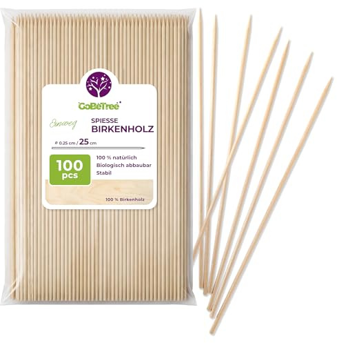 GoBeTree 100 Grillpinnar Trä 25 cm, Långa Grillspett för Grill & Godisspett | Grillspett i Trä 25cm med Spets, Polerade utan Stickor, Långa Träspett för Grill, Kebab, Frukt, Marshmallows och Godis
