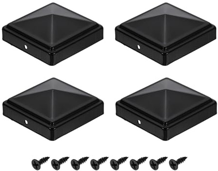 sourcing map 4Pcs Fence Post Caps, 80mm/3.15-inch Square Column Cap, Waterproof Iron Pyramid Post Cap Cover with Screws Fit for Metal Wood Fence Deck Mailbox Patio, Black