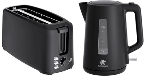 SUPERLEX Kettle and Toaster Set, 1.7L Fast Boil Kettle, 4-Slice Toaster | Limescale Filter, 7 Browning Levels, Wide Toasting Slots, 3000W/1450W, Matt Black Kitchen Set