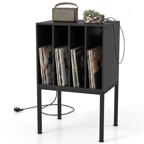 GIANTEX Vinylskåp för skivspelare med uttag, vinylplatina förvaringsställ med 4 fack och upphöjda ben, utställningshylla för vardagsrum och musikrum, 50 x 40 x 81 cm (svart)