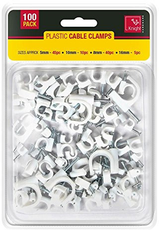 Plastic White Cable Clamps Clips Flat Electrical Wire Holder Round TV Phone Internet Lead Fixings with Fixing Nail Assorted Sizes Pack of 100