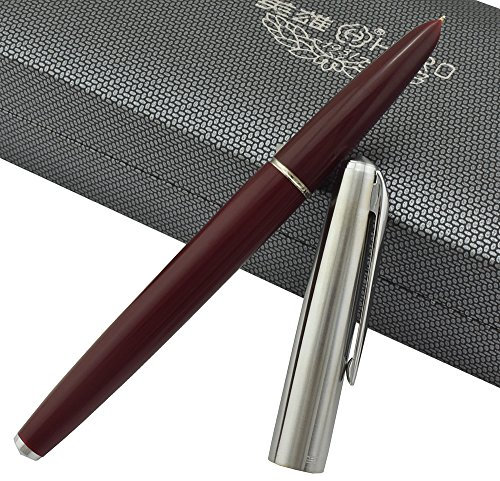 Hero 100 Fountain Pen 14K Fine Nib, Steel Hooded, Red Barrel Silver Cap, Luxury Gift Case Pen Set for Business Signature and Collection