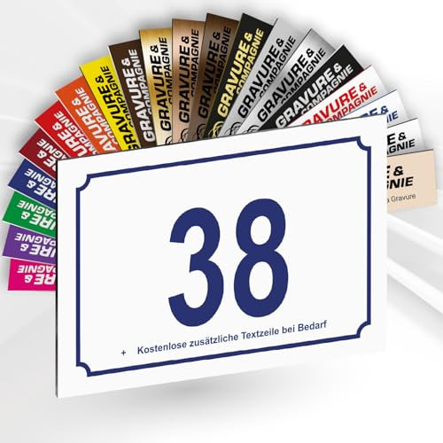 Hausnummernschild - Nummernschild aus PVC - Gravierte, personalisierbare Tafel 15 x 10 cm (Weiß mit blauer Schrift)