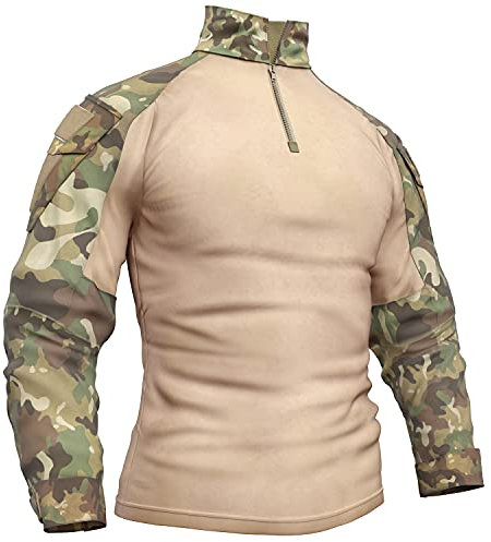 Memoryee Men's Military Tactical Army Combat Long Sleeve Shirt Slim Fit Camo T-Shirt with 1/4 Zipper and Pockets/CP/M