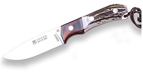 Joker Cuchillo de caza enterizo Águila CC105, hoja MOVA de 10,5 cm, mango de asta de ciervo con virola Stamina, con funda de cuero, herramienta de pesca, caza, camping y senderismo