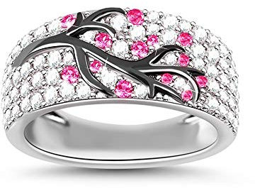 GNOCE Ring Damen Silber 925 Breit Zirkonia weiß Rundschliff Ring mit Pflaumenbaum Blume Blüte Geschenk für Frau/Mutter/Schwester (Silber, 54 (17.2))