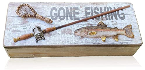 Tumbler Home Gone Fishing Wooden Box, Rustic Wood Keepsake Box | Decorative box with lid holds coins, keys and wallet. Gift for Fisherman for Father's Day, Christmas, Dad, Son or Grandpa