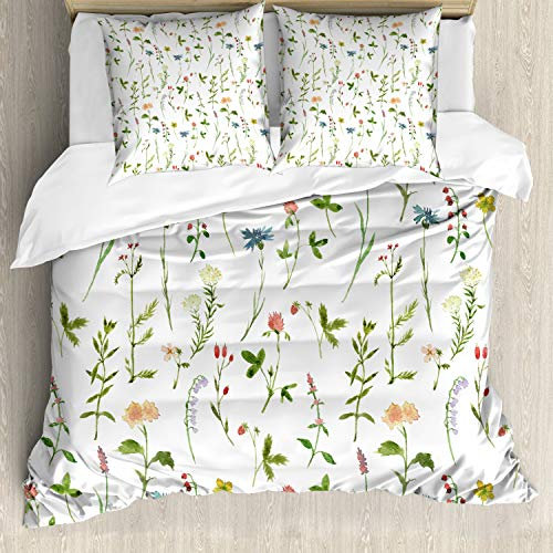ABAKUHAUS Blumen Bettwäsche Set für Doppelbetten, Herb Flowers Aquarelle, Weicher Microfaserstoff Allegigeignet kein Verblassen, Weiß Grün