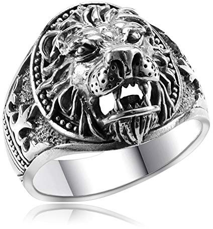 MATERIA Löwen Ring Herren Silber 925 - Siegel-Ringe Männer Fleur de Lis schwarz 22.3mm in Box SR-47-70
