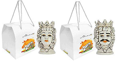 ILAB Coppia teste di moro uomo e donna frutta bianca in ceramica nicarè con astuccio decorata a mano da ceramisti siciliani art. 815,814
