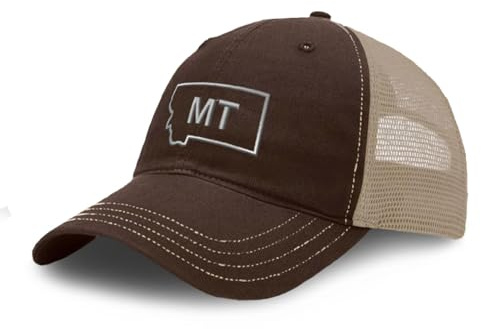 Richardson Mütze aus weichem Netzstoff, Bestickt, Montana-Staatskarte, MT-Stickerei, Trucker-Hüte für Damen und Herren, Braunes Khaki-Design, Einheitsgröße
