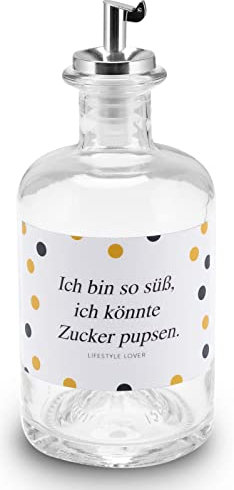 Lifestyle Lover Azucarero de cristal, botella de 350 ml, dosificador de acero inoxidable, ideal para azúcar blanco/marrón, cacao (Ich bin tan dulc).