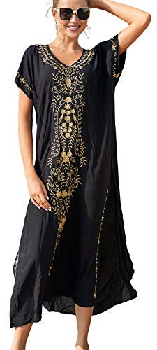 YouKD algodón Bordado Floral Suelto Kaftan Boho Bikini de Playa para Cubrir Vestido camisón de Talla Grande para Mujer