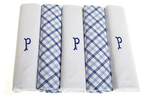 Surf the Shop 5 Stück Herren Taschentücher mit Initiale bestickt weiß mit Satinborte und blau kariertem Handkies, verschiedene Buchstaben, P, 5 Pack
