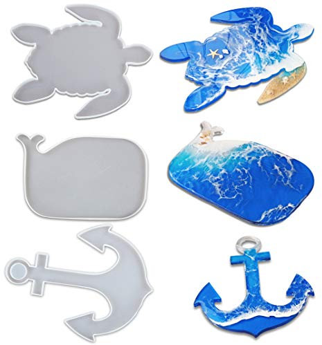 iSuperb 3 Stück Epoxidharz Formen Groß Untersetzer Tablett Resin Silikonform, Wal Meeresschildkröte Anker Formen, für Achat Tablett, (3 Stück Harzformen)