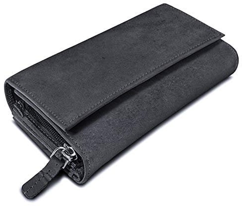 ROYALZ 'Orelia' Vintage Leder Geldbörse für Damen Portemonnaie groß mit vielen Fächern RFID-Blocker Brieftasche Querformat, Farbe:Navy Grau