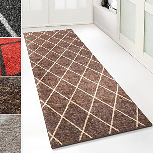 Floordirekt Teppich-Läufer Cosenza | Modernes Rauten-Design | Hochwertige Verarbeitung | Rutschhemmender Gelrücken | Erhältlich in 5 Farben & vielen Größen (80 x 350 cm, Braun)