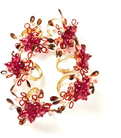 Penguin Home Set of 6 Handcrafted Floral Style Beaded Napkin Rings/Napkin Buckles/Table Decor for Dinner Wedding Party/Thanksgiving, Christmas/Size - 10.5 x10.5 x 6.5 cm/Pink