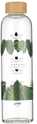Gulujoy Bouteille d'eau en verre de 1 litre avec manchon, couvercle en bambou, bouteille motivante avec marqueurs de temps, sans BPA