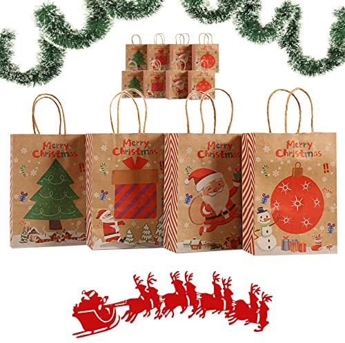 12 Stücke Weihnachtstasche, Kraftpapier Weihnachtstüten, Geschenktüte zu Weihnachten, Süßigkeiten-Papiertüte, für Verpacken von Süßigkeiten, Keksen und Anderen Geschenken Verwendet(4 Stile)