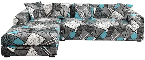ShowyLive Sofa Überzug Couch Überzug 2er Set für Ecksofa L-Form Sofabezug 3 Sitzer+3 Sitzer, mit 4 Stück Kissenbezug, Blau Grau