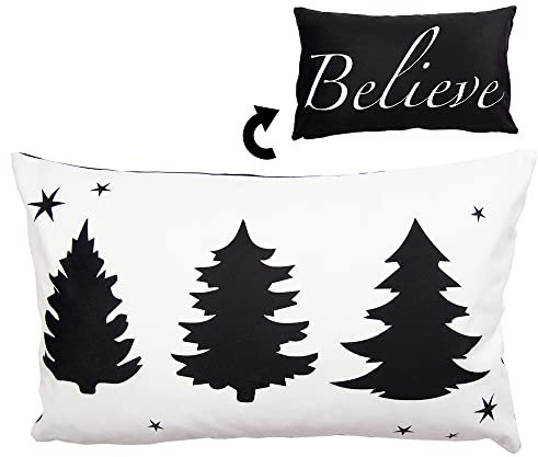 Clayre & Eef Kissenhülle 30*50 cm Weiß Schwarz Polyester Rechteckig Weihnachtsbaum Believe Kissenbezug Zierkissenbezug