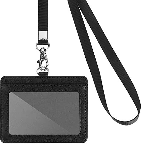 cobee Ausweishalter aus PU Leder mit Lanyard, Ausweishalter mit 2 Kartenfächern und abnehmbarem Umhängeband durchsichtiger Ausweishalter für Lehrer Krankenschwester Mitarbeiter Schule (horizontal)