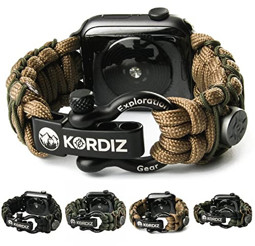 KORDIZ Survivor Pro, Paracord-Armband für Apple Watch, kompatibel mit Apple Watch Serie 8/7/6/5/4/3/2/1/SE & Ultra, mit verstellbarem Edelstahlbügel (Coyote & Micro Green, S für 42/44/45 mm)