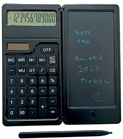 Portable Gadgets calculator with notepad 2 in 1 Folding with 5.5 Erasable LCD writing pad and 12 digit display, standard function calculator, with solar power feature for Home, Office or School