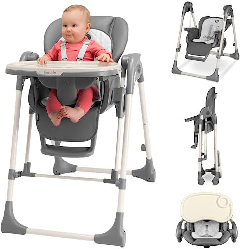 LIONELO Laurice Hochstuhl für Kinder von 6-36 Monaten (15 kg) 2-in-1 Kinderhochstuhl mit Wippfunktion (9 kg), 5 Höhenstufen, Verstellung von Rückenlehne und Fußstütze Sicherheitsgurt (Grau)