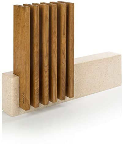 Arcos Soporte de Cuchillos Petra - Hecho de piedra caliza y madera - 28x36x7 cm - Capacidad 6 cuchillos (CUCHILLOS NO INCLUIDOS)